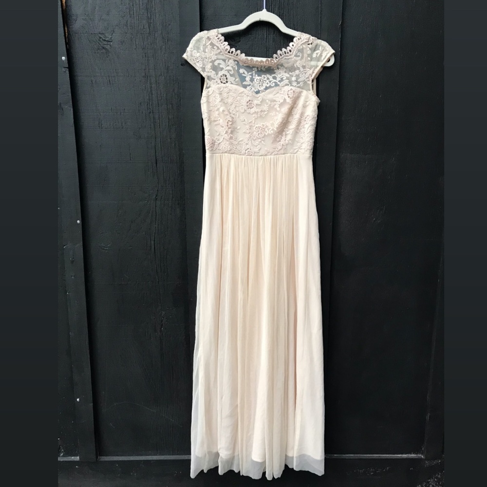 light blush lace button back bridesmaid maxi dress